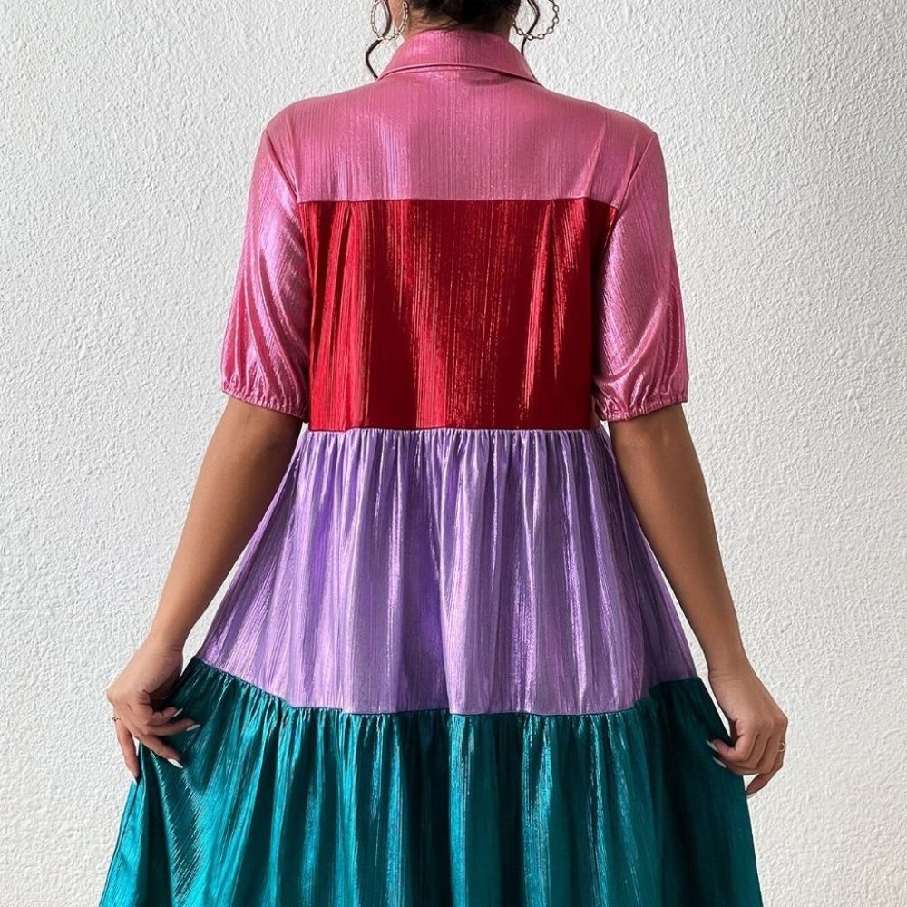 Multicolor Womens colorblock metallic button down shirt Dress - Picture 6 of 8
